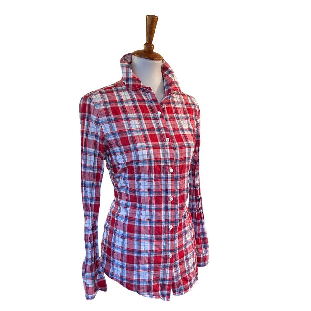 NWOT J. McLaughlin Red, White, Blue Cotton Crinkled Blouse, Small